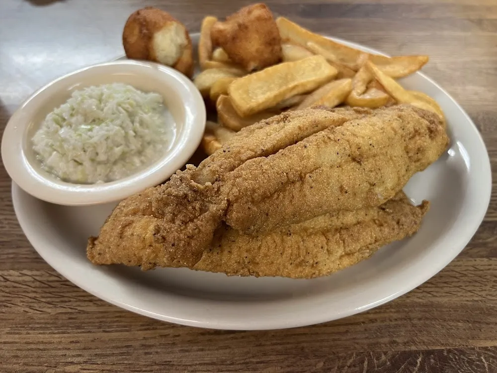 Medium Catfish Filet Plate with Fries and Slaw